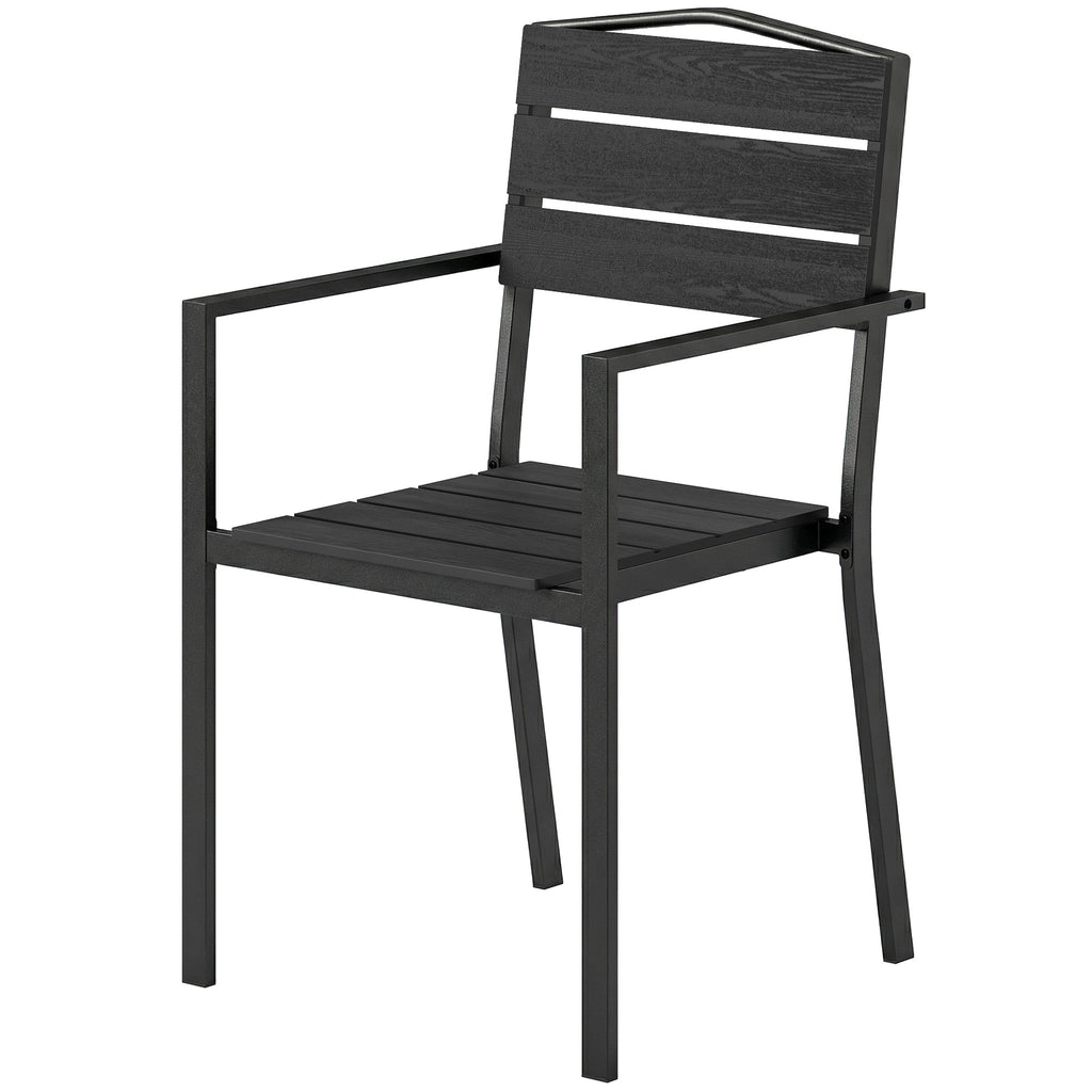Stackable Garden Chairs Set of 4, Garden Dining Chairs with Slatted HDPE Seat Back, Armrests, Metal Frame, Black