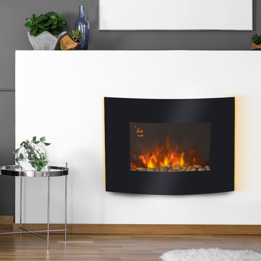 Elektrokamin mit Heizung, Wandkamin mit LED Flammeneffekt, 7 Flammenfarben, 900/1800 W, elektrischer Kamin mit Timer, Einstellbarer Thermostat, Dekokamin mit Fernbedienung, Schwarz, 65 cm