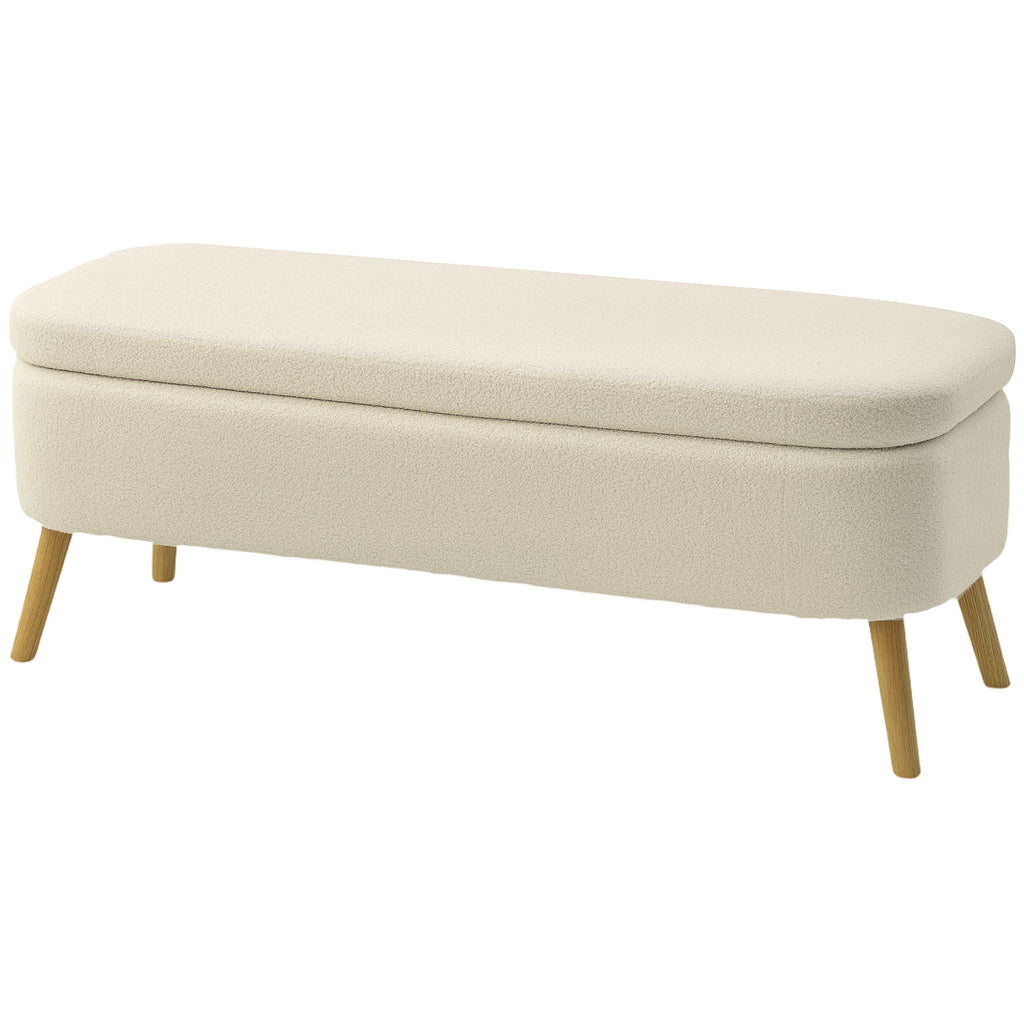 Aufbewahrungsbank, Sitzbank mit 65 L Stauraum, Teddy-Fleece-Stoff, Kautschukholz, 120 x 42 x 45 cm, Beige