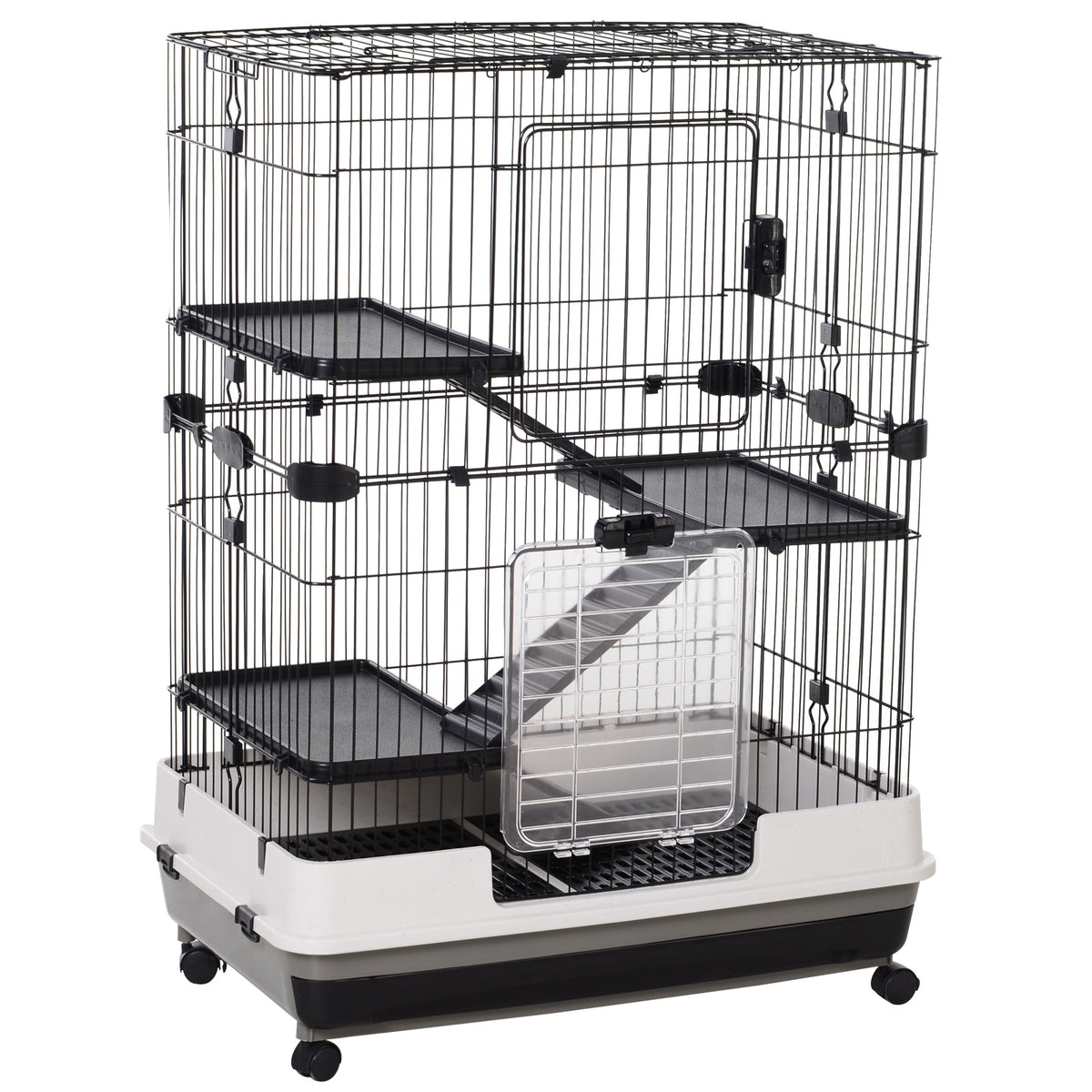 Four-Tier Small Animal Cage, for Bunnies, Ferrets, Chinchillas w/ Wheels, Tray - Black