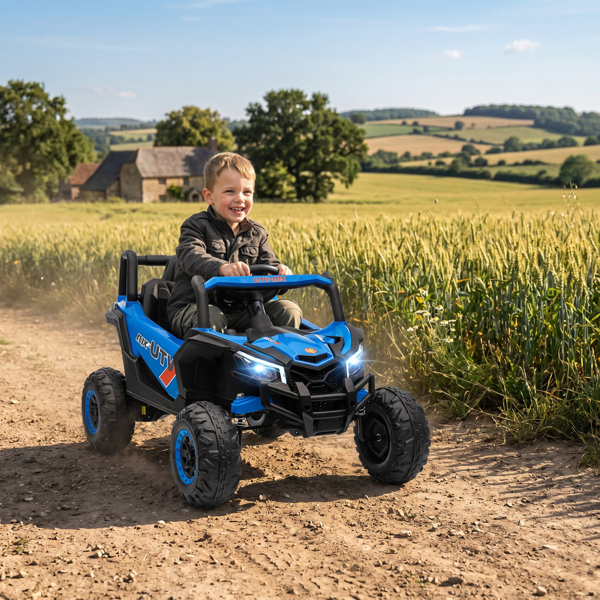 12V Elektroauto für Kinder, Fernbedienungsfunktion, Gurt, Hupe, LED-Lichter, USB-Port, für 3-5 Jahre, Blau