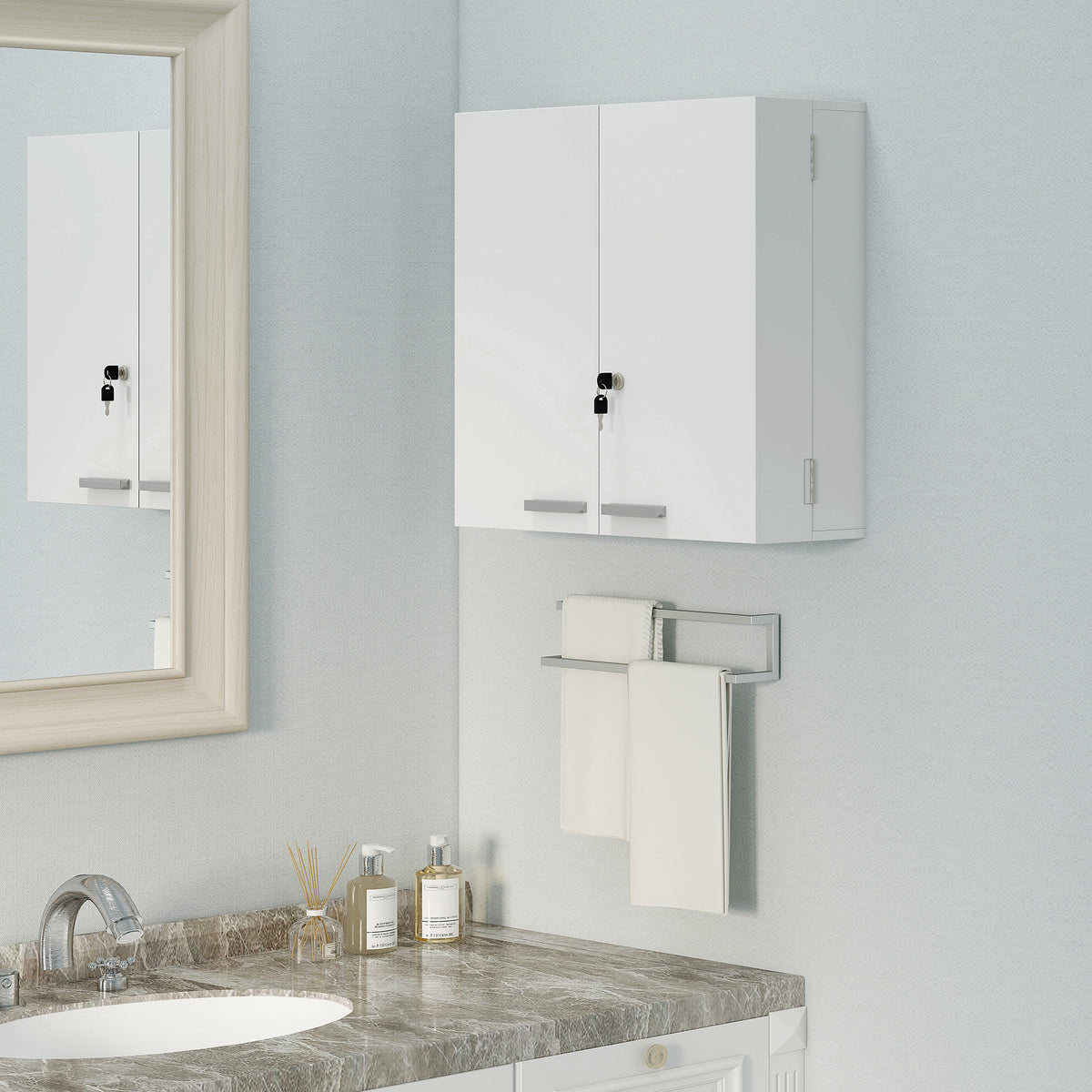 Wall Mount Medicine Cabinet with Key Lock, 3 Tier First Aid Cabinet with 2 Doors and 11 Storage Compartments, White