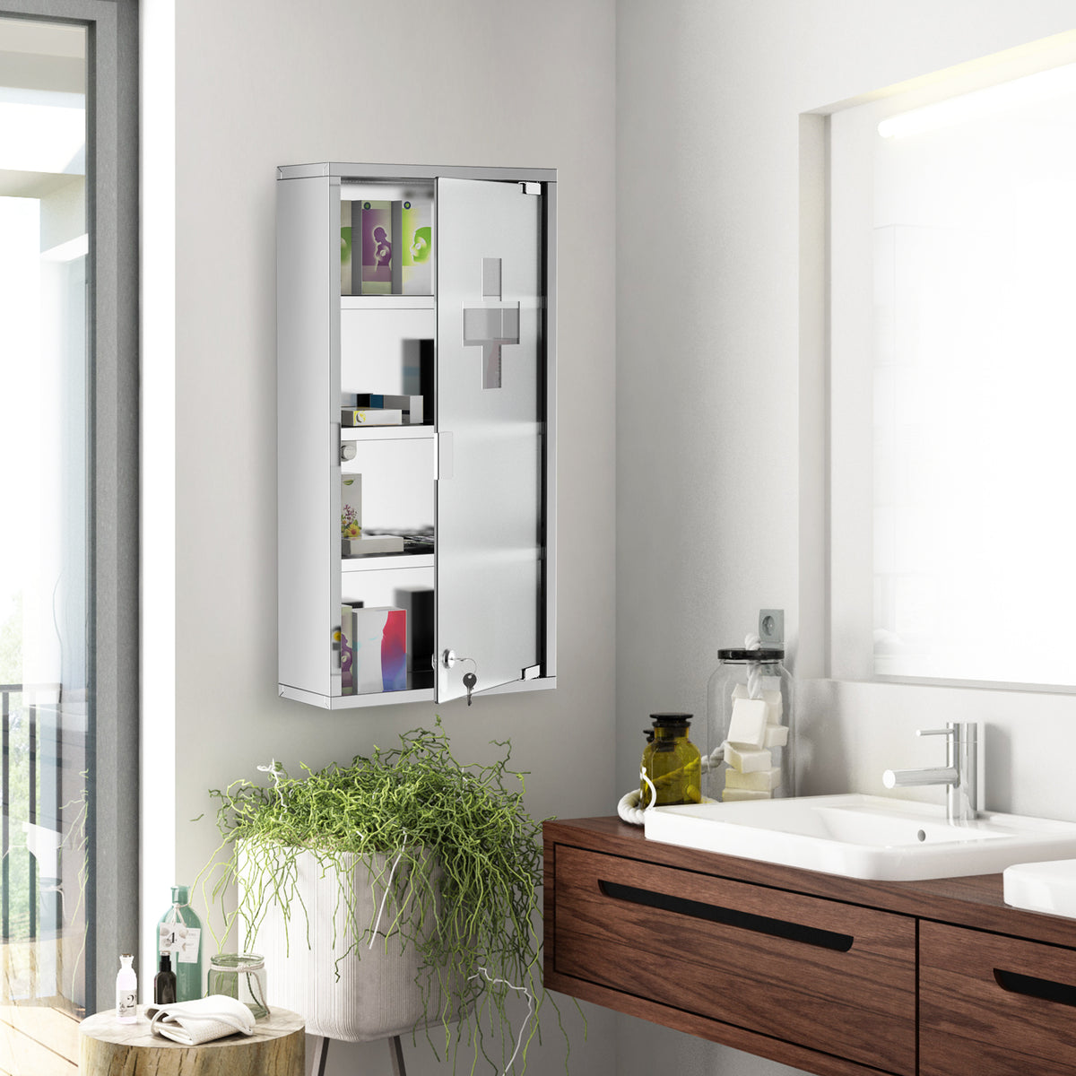  4 Tier Stainless Steel Wall Mounted Medicine Cabinet Glass Lockable Door Storage Shelves Houseware Bathroom Furniture 60Hx30Wx12D(cm) w/2 Keys