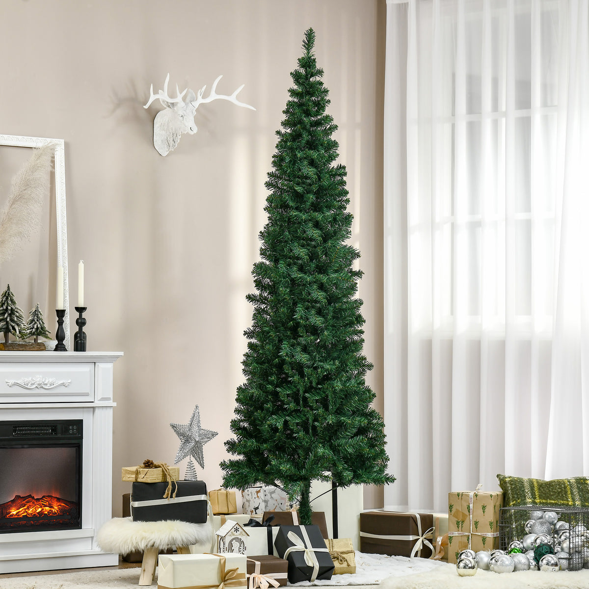 Weihnachtsbaum Kunsttanne künstlicher Christbaum, inkl. Standfuß, LED´s, 2,1 m, 1 Weihnachtsstern, Grün