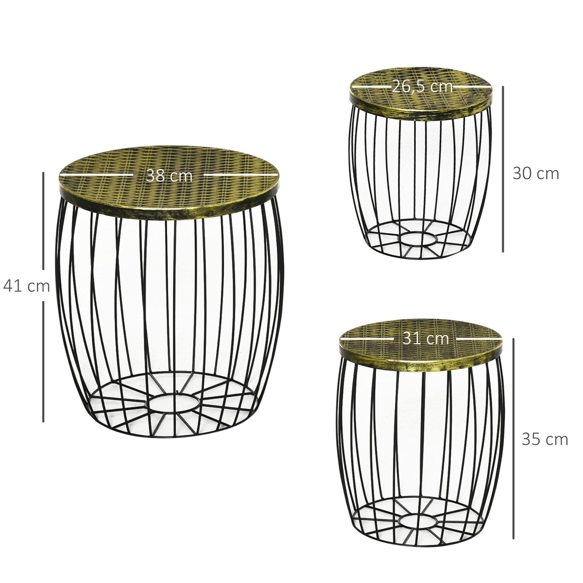 3er-Set Couchtische Beistelltische Gartentisch Retro Metallkorb Drahtkorb Garten Satztisch Gartenmöbel Outdoor Balkon Metall Natur+Schwarz 3 Größen