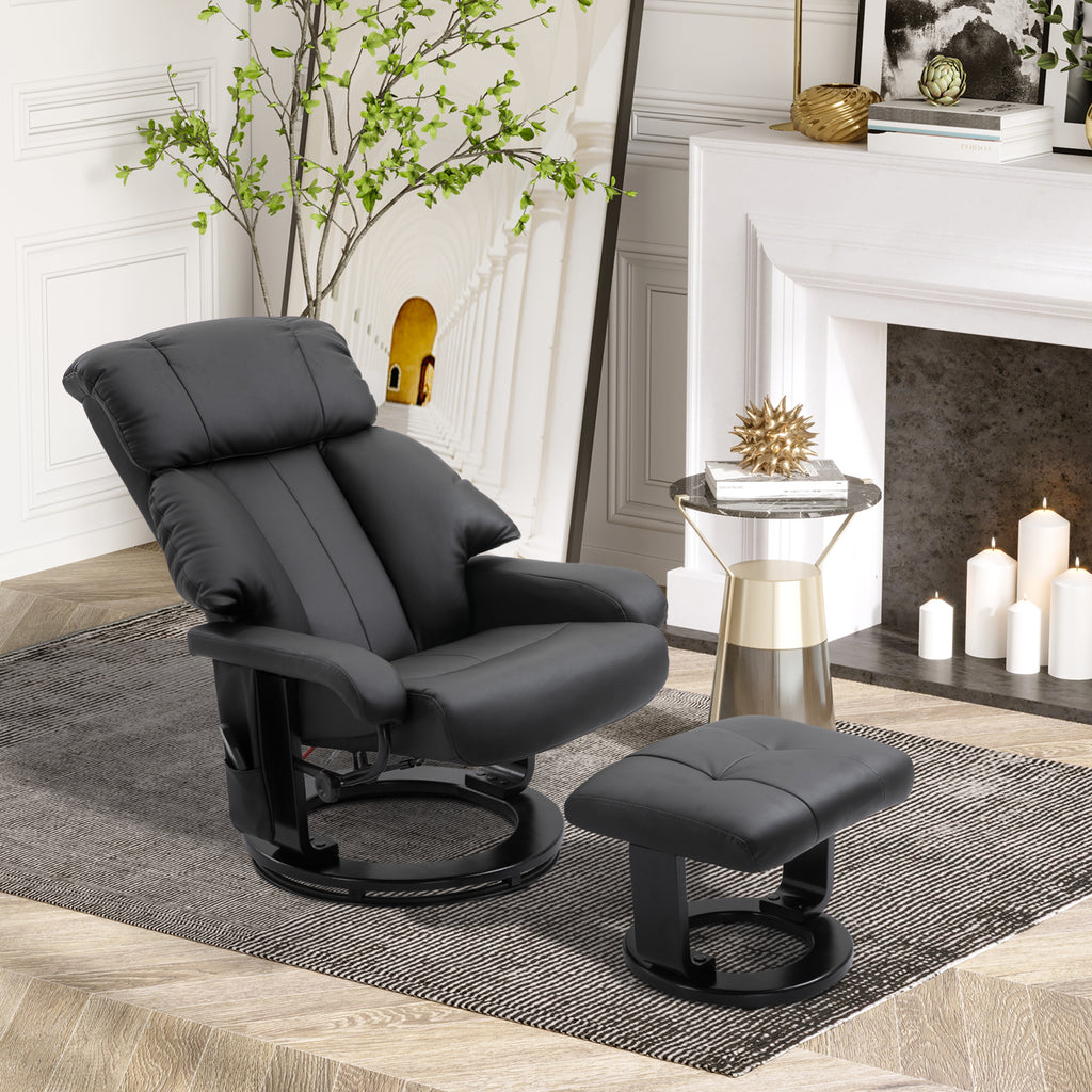 Relaxsessel mit Hocker, drehbarer Fernsehsessel mit Massagefunktion, Liegefunktion, Massagesessel mit Fernbedienung, Seitentasche, Ruhesessel aus Kunstleder für Wohnzimmer Schwarz