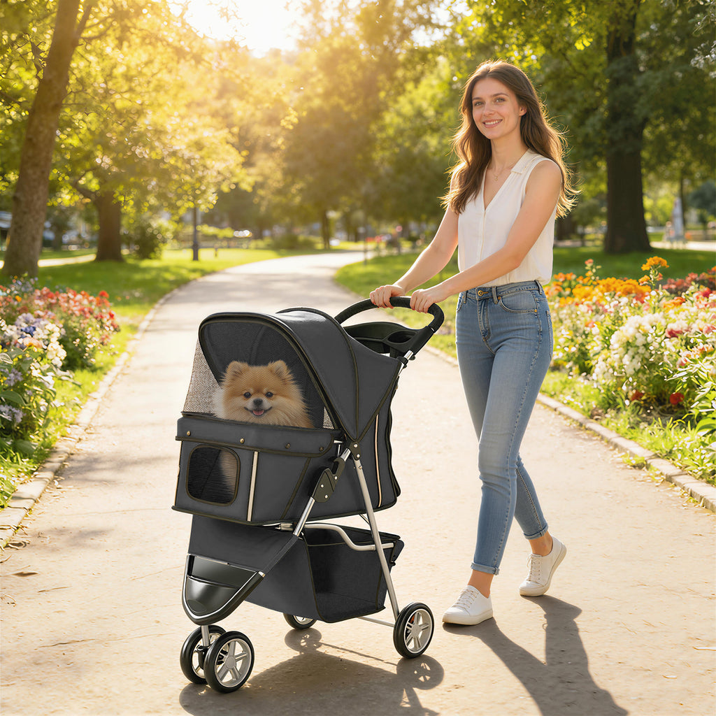 Dog Stroller, 3 Wheels Foldable Pet Stroller with Adjustable Canopy, Storage Basket for Small Mini Breeds, Dark Grey