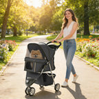 Dog Stroller, 3 Wheels Foldable Pet Stroller with Adjustable Canopy, Storage Basket for Small Mini Breeds, Dark Grey
