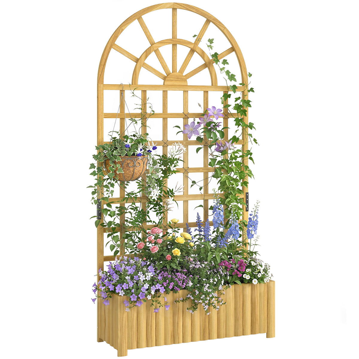 Wooden Raised Planter with Trellis, Raised Bed for Garden with Lattice and Drainage Holes for Climbing Plants