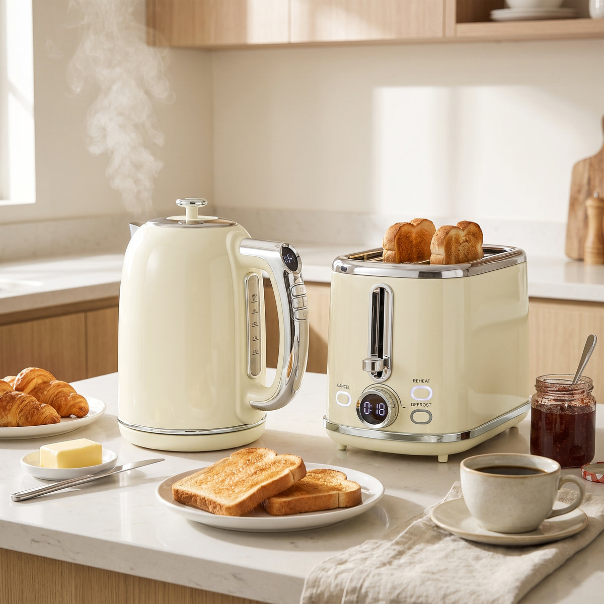Wasserkocher- und Toaster-Set mit LED-Display, 1,7-L-Wasserkocher mit 3 Std. Warmhaltefunktion, Creme
