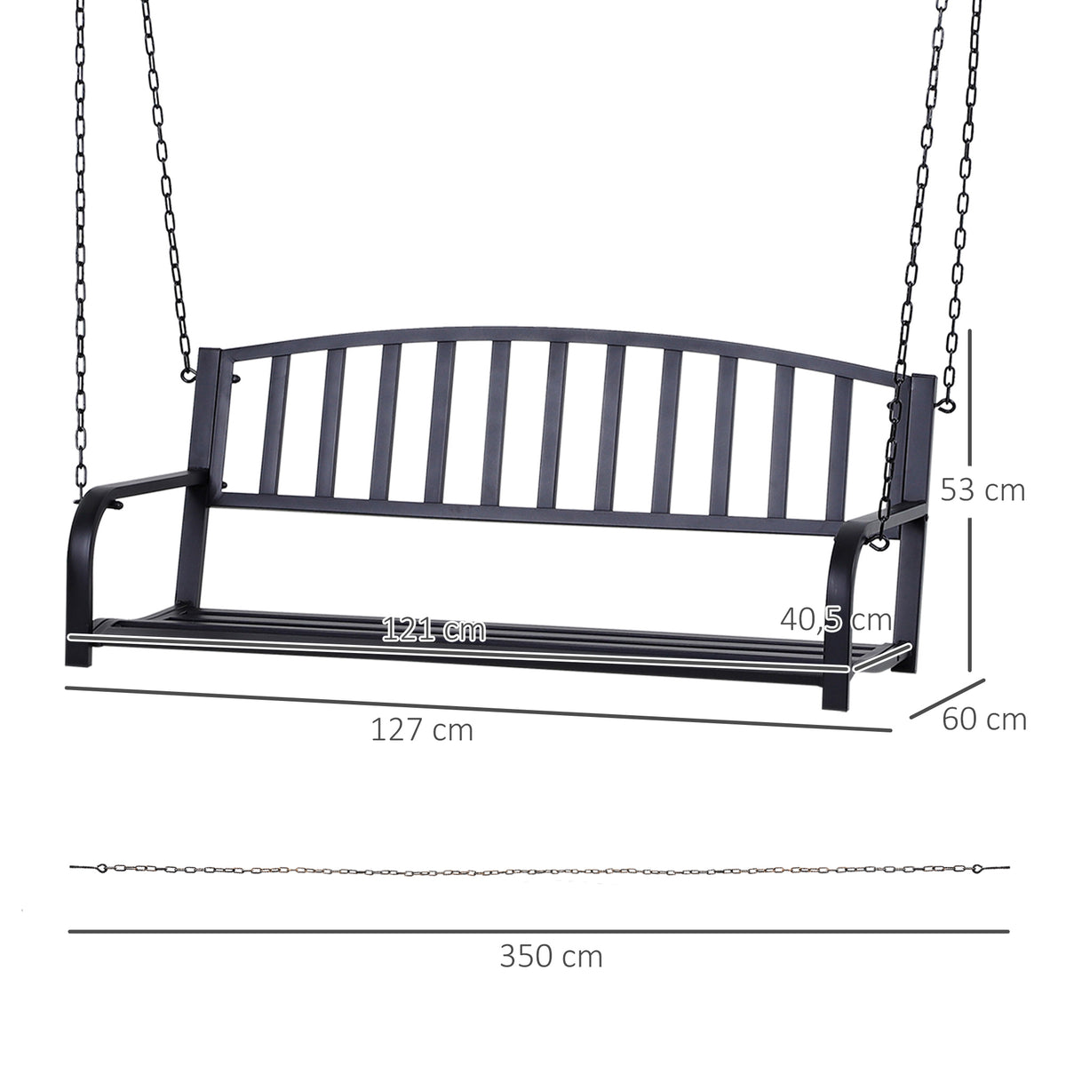  Garden Swing Chair Patio Metal 2 Seater Swing Bench Porch Balcony Bench Loveseat Minimalist Style - Black