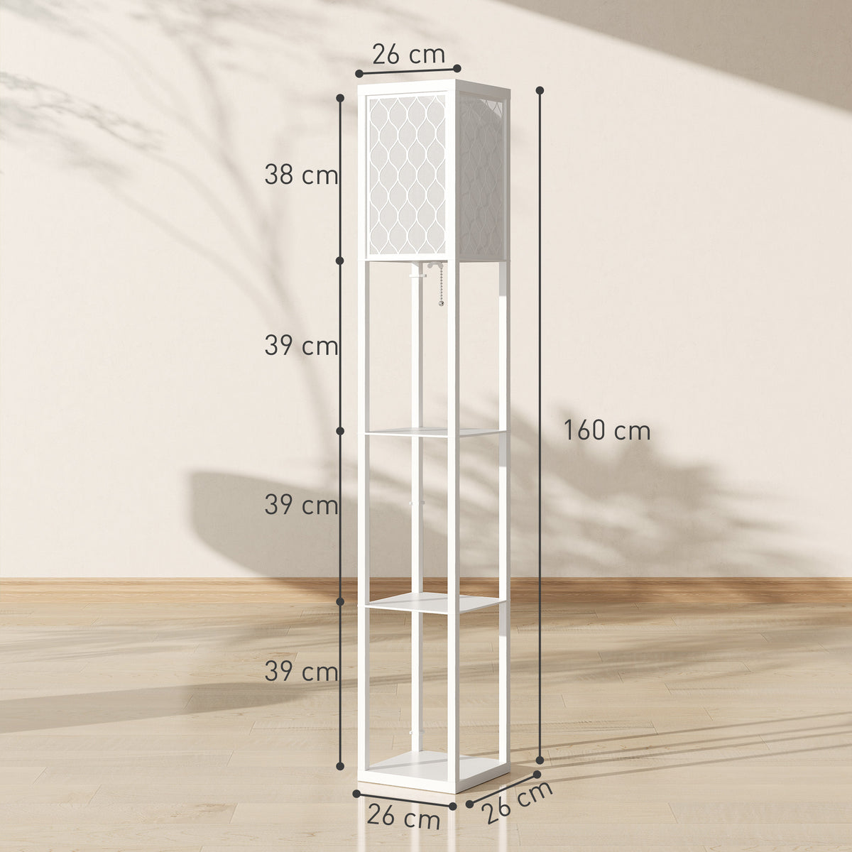 Stehlampe mit Regal, 3 Fächer, kompakte Maße, MDF, Weiß
