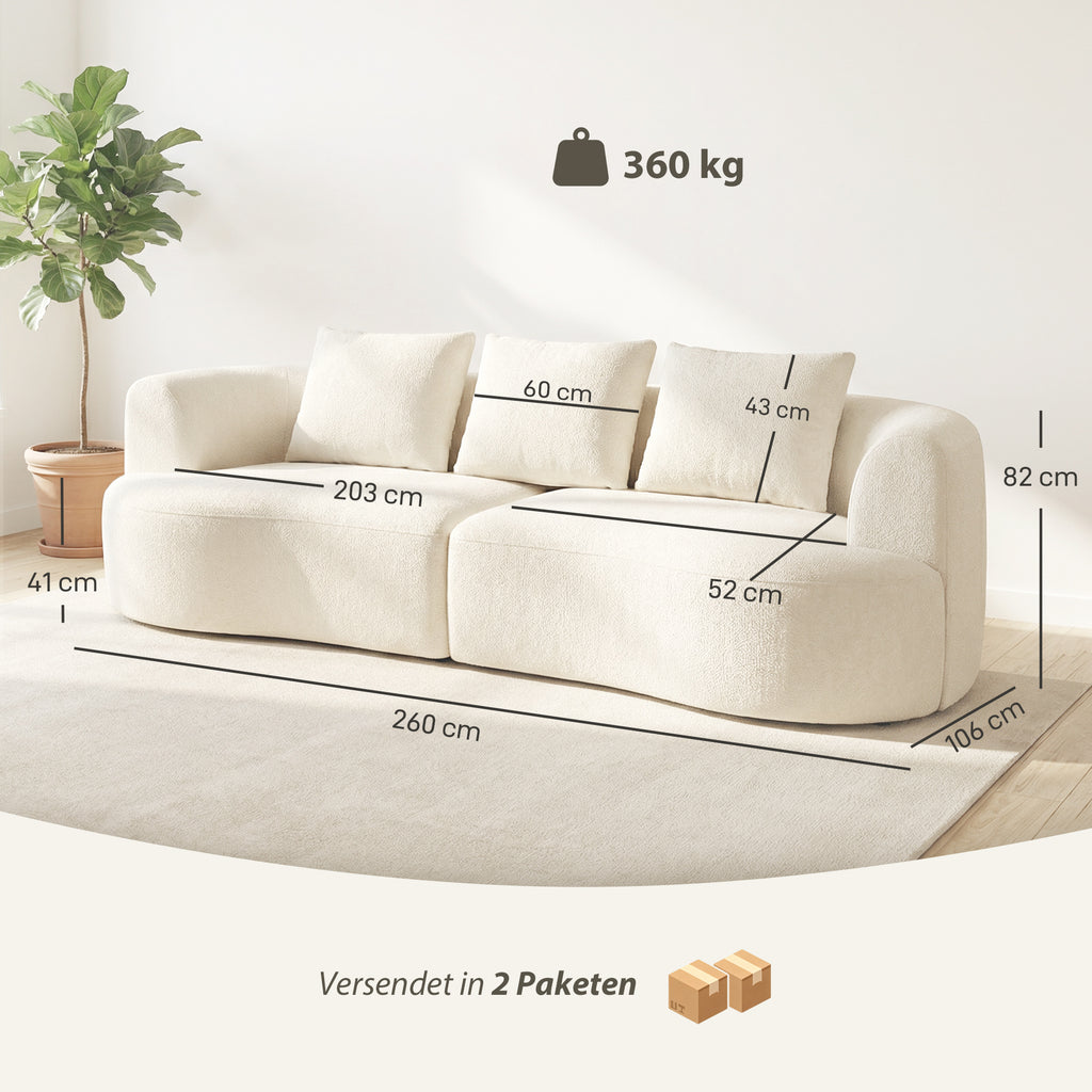 3-Sitzer-Sofa, 260 cm Chenille-Sofa mit breiter Sitzfläche, Federkernpolsterung, hochdichtem Schaumstoff, 3 Kissen creme