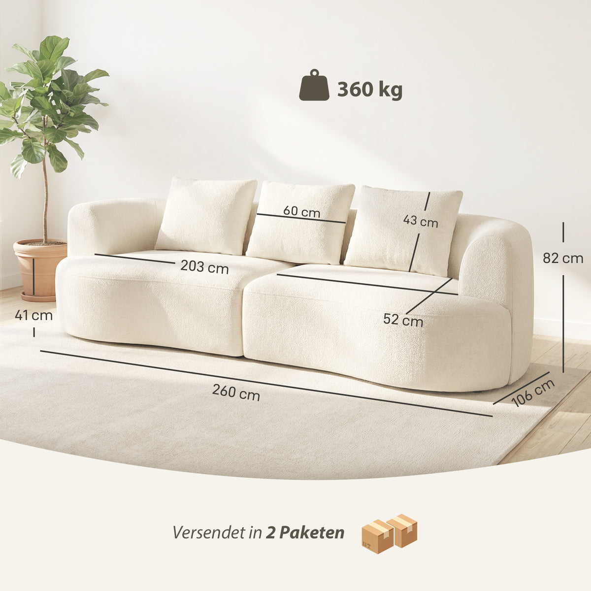 3-Sitzer-Sofa, 260 cm Chenille-Sofa mit breiter Sitzfläche, Federkernpolsterung, hochdichtem Schaumstoff, 3 Kissen creme