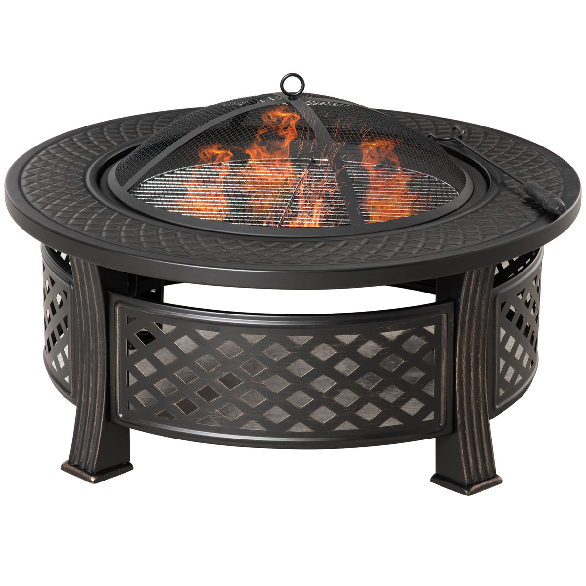 Outdoor Fire Pit, Firepit with Grill Net, Mesh Lid, Poker, for Camping, Bonfire, Picnic, Bronze Tone