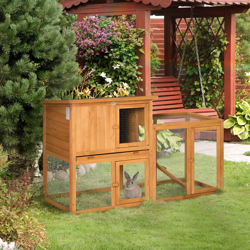 Kleintierstall mit Freigehege, herausnehmbare Bodenwanne, wetterbest?ndig, 141 cm x 60 cm x 86 cm, Braun