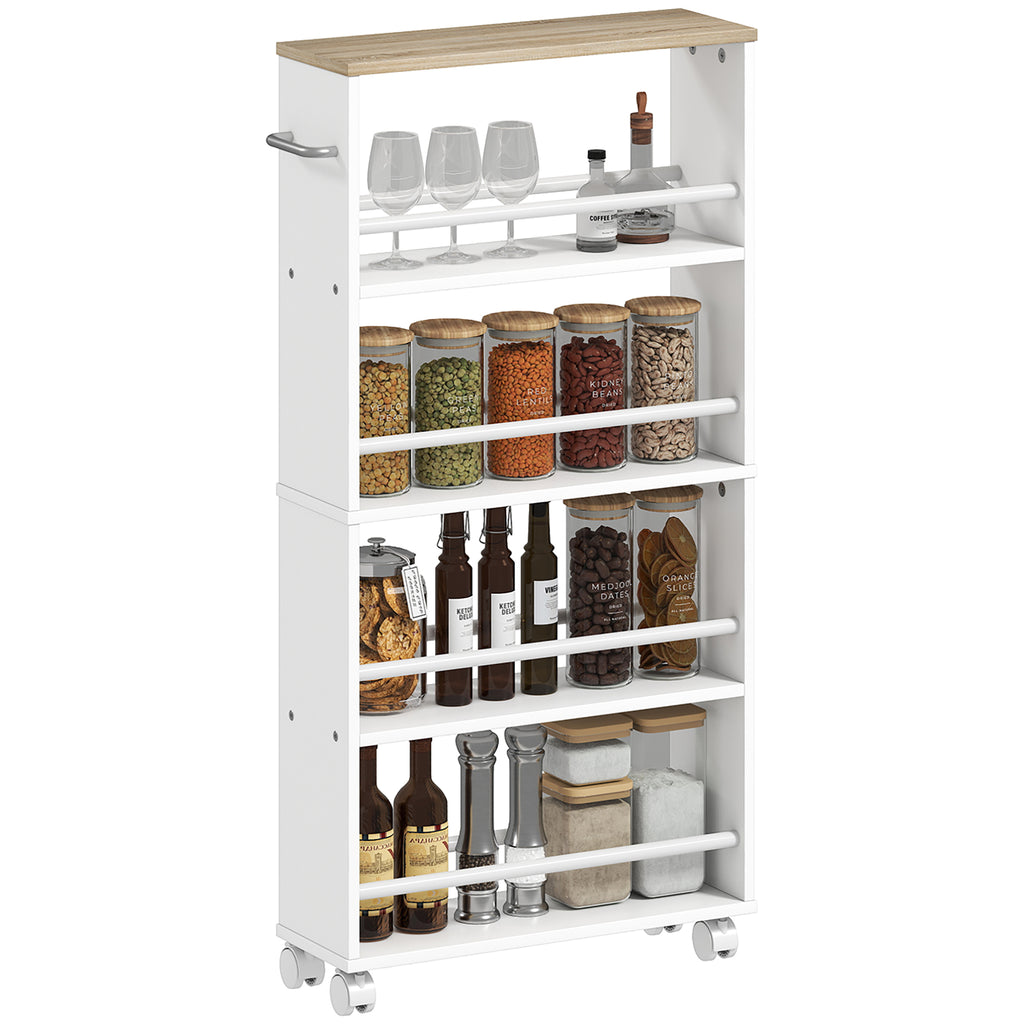 Multifunktionsregal mit Rollen, schmale Bauweise, 4 F?cher, 45x15x91 cm, Natur