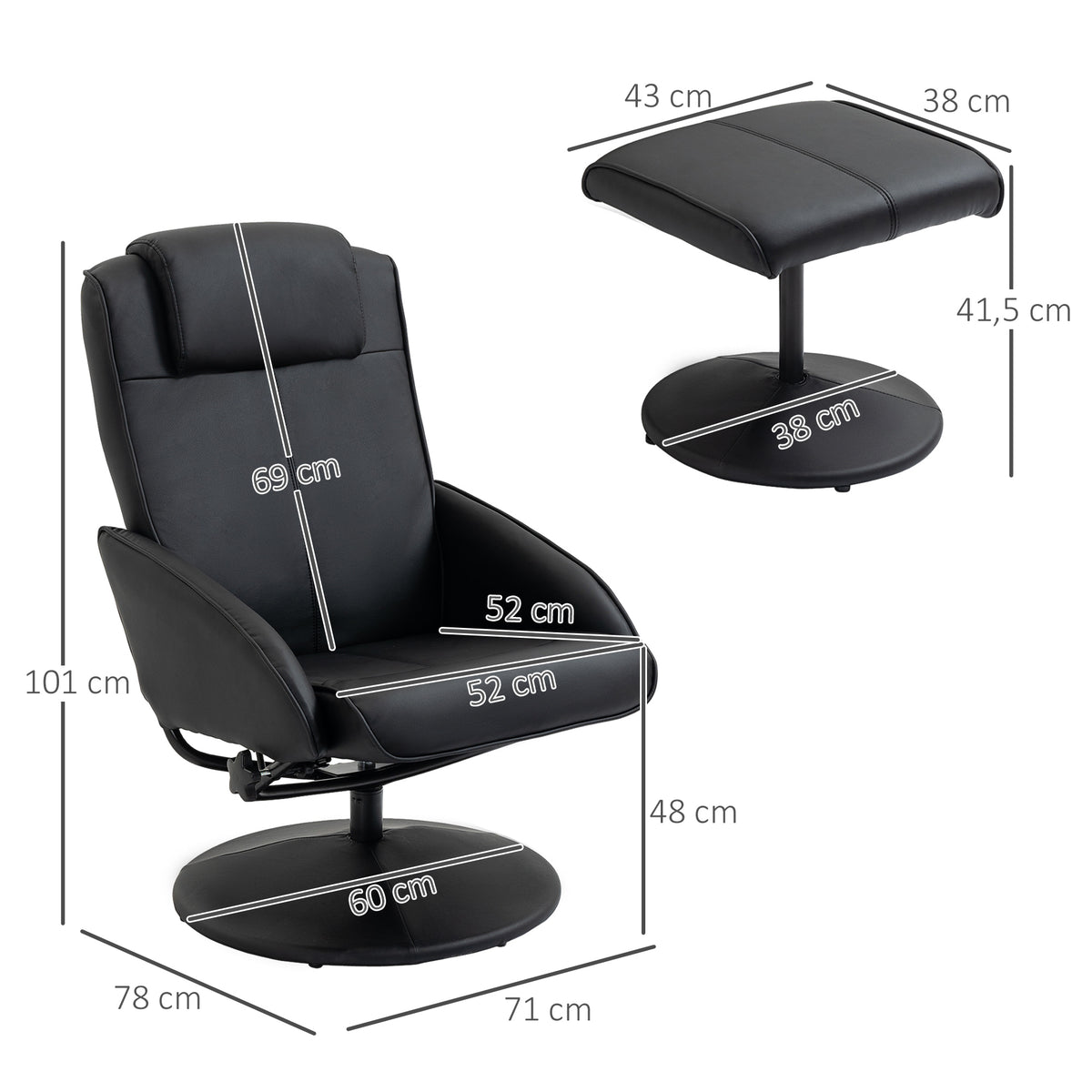 Relaxsessel mit Fußhocker, Kunstleder-Bezug, neigbar, ergonomisches Design, Schwarz