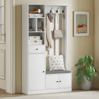 180 cm Garderobenschrank mit Kleiderständer, Schuhbank, 4 Haken, offene Ablageflächen, MDF, Weiß