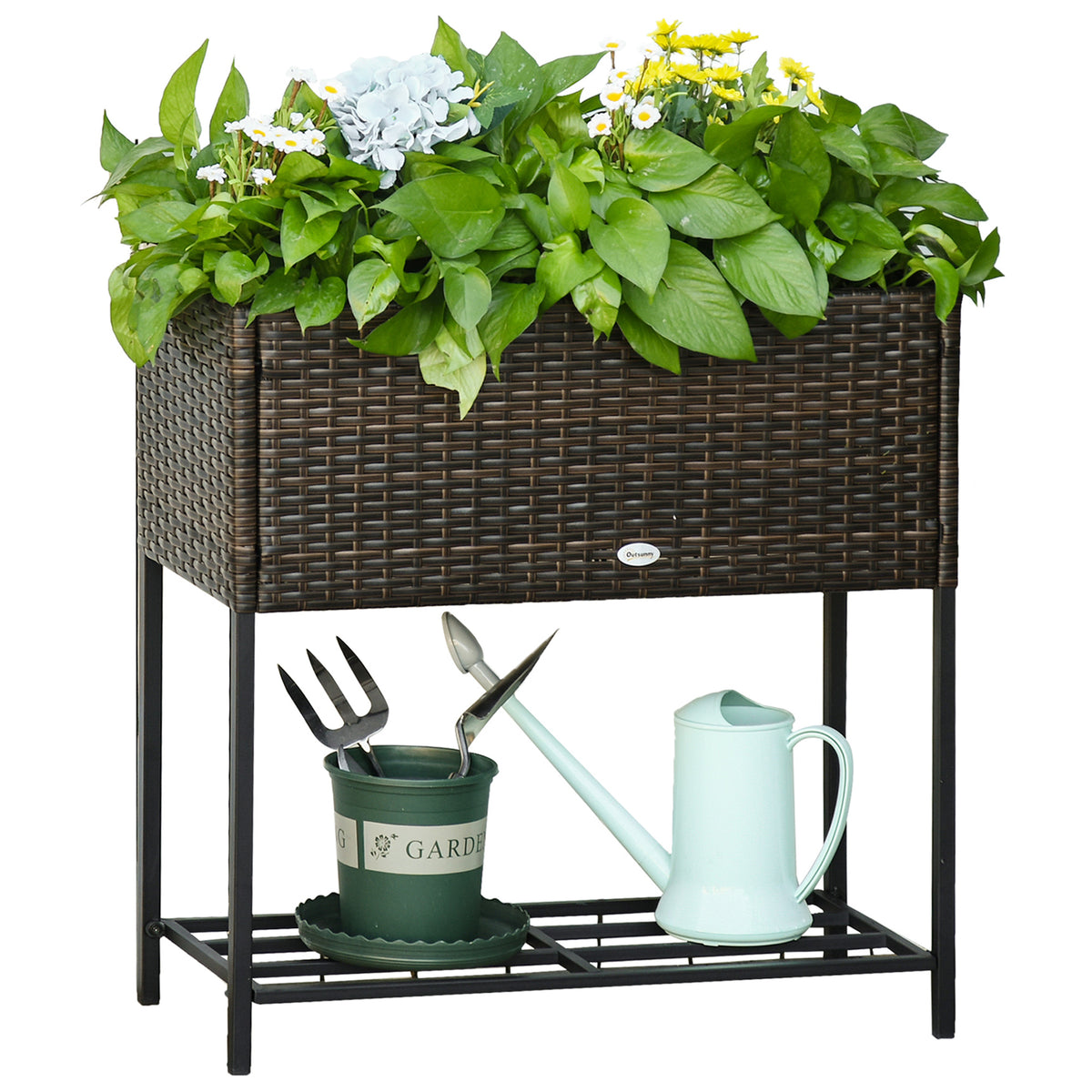 Hochbeet, Blumenkasten, tiefe Ablage, Metallrahmen/Polyrattan, 70 x 30 x 70 cm, Braun/Schwarz