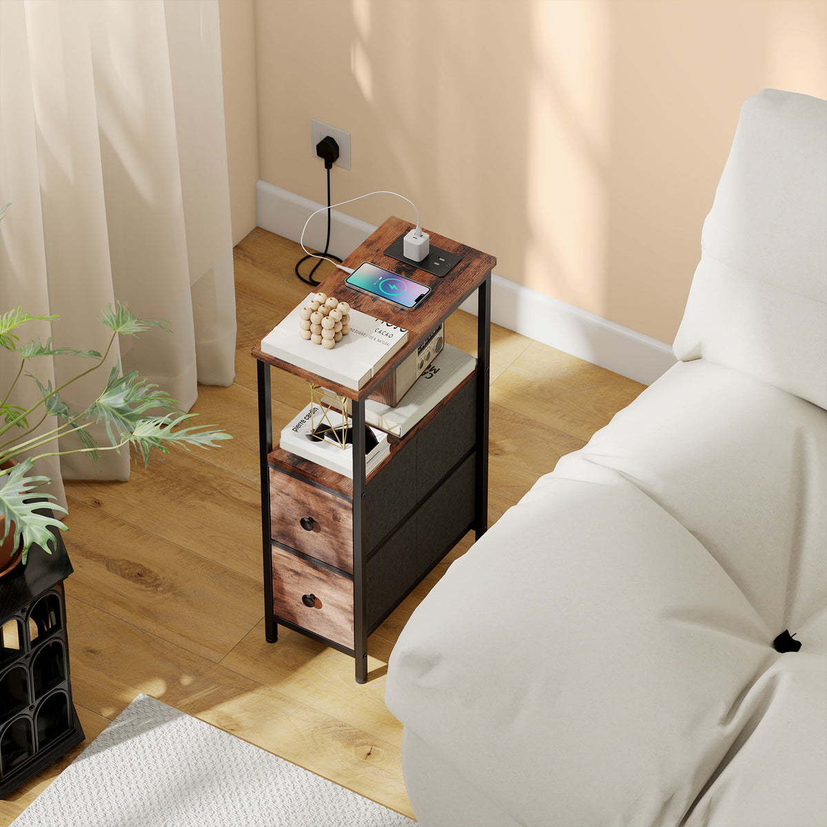 Couchtisch Beistelltisch mit Ladestation, Stahlrahmen, 2 Stoffschublade, offen Fach, 20cm x 40cm x 63cm, Rustikal-Braun
