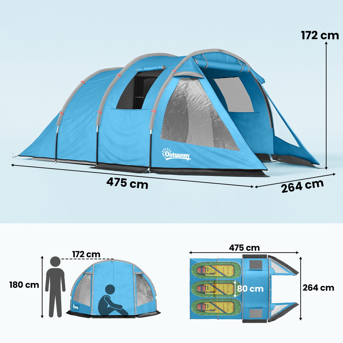 Campingzelt Trekkingzelt Zelt, wetterbeständig, 2 Räume, 475 x 264 cm Breite x 172, Blau
