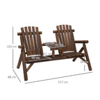 Wood Patio Chair Bench 2 Seats w/ Centre Coffee Table, Garden Bench, Carbonized