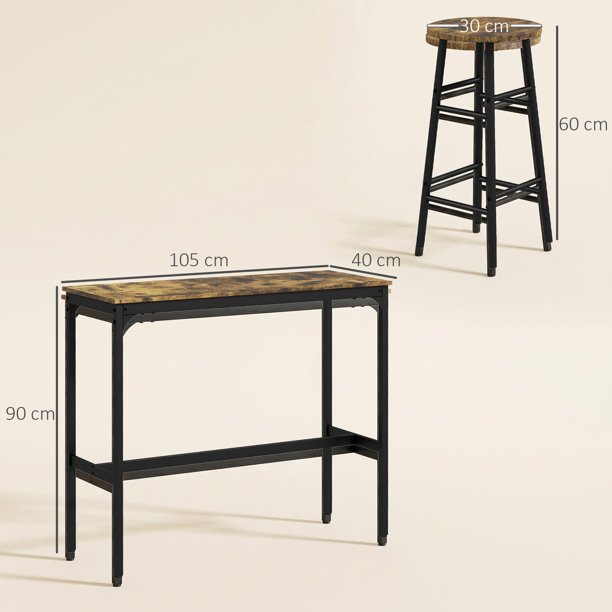3 Piece Bar Table Set with 2 Stools, Industrial Bar Table and Stool Set, Dining Table and Chair Set, Rustic Brown