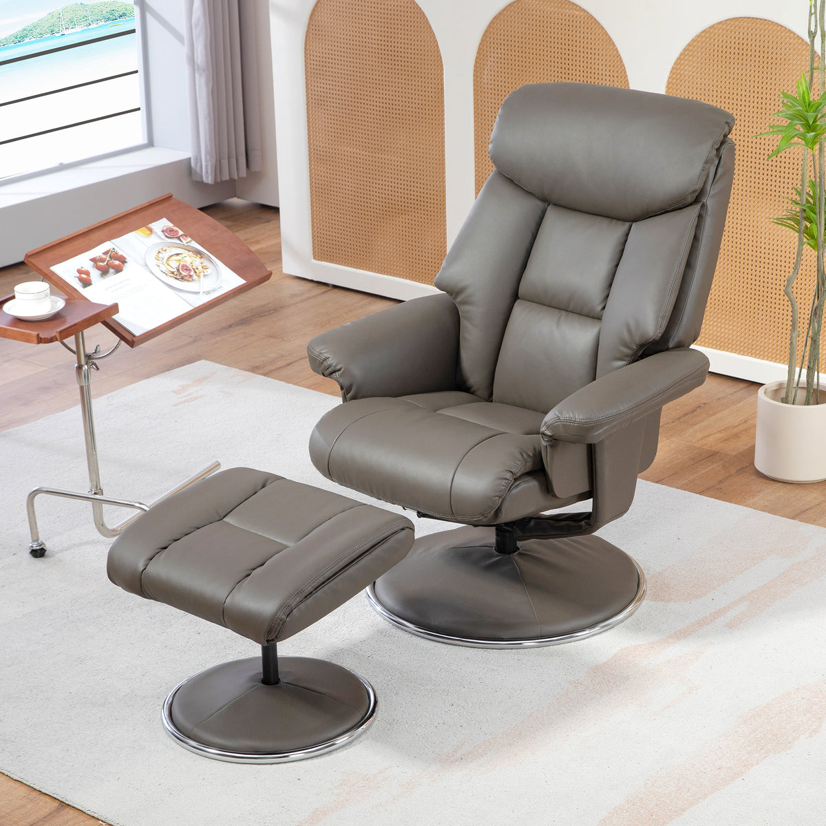 Relaxsessel mit Hocker, Rückenlehne verstellbar, Kunstleder, bis 150 kg, Grau