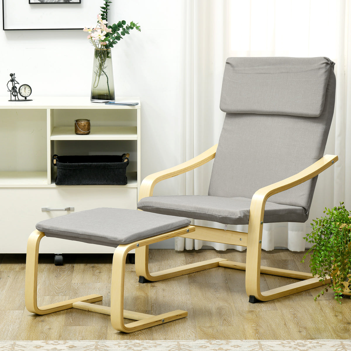 Loungesessel mit Hocker, Bezug in Leinenoptik, Holzrahmen, bis 120 kg, Hellgrau/Natur