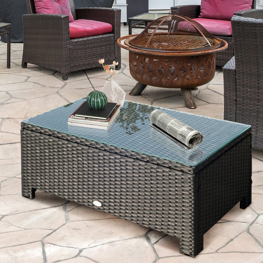 PE Rattan Coffee Table, Rectangular Outdoor Coffee Table with Tempered Glass Top, 70 KG Capacity for Garden, Balcony, Terrace, Patio, Black