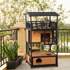 Wooden Outdoor Cat House, 3-Tier Cat Shelter with Tilted Roof, Terrace, Jump Step, Bottom Tray and Elevated Base, Waterproof Paint, Yellow