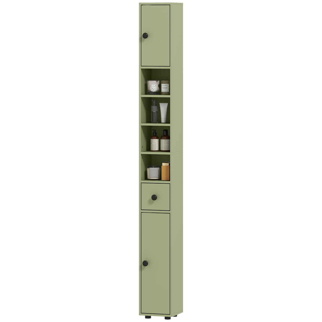 Badezimmerschrank schmal mit Schublade und 4 offenen Fächern für kleine Räume 20 x 20 x 180 cm Grün