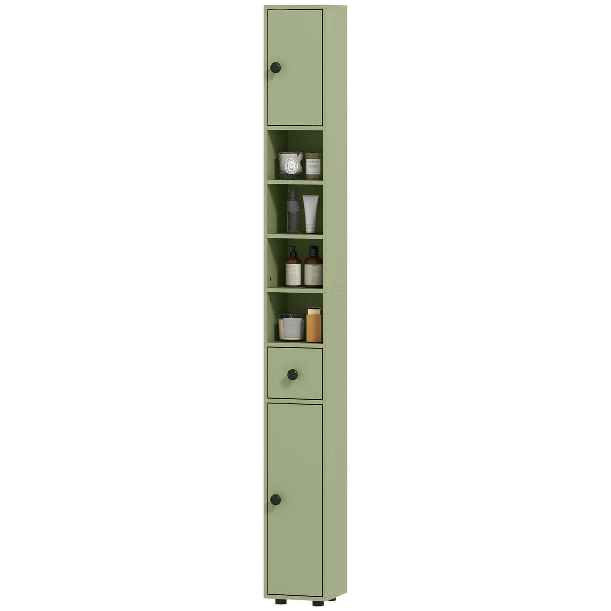 Badezimmerschrank schmal mit Schublade und 4 offenen Fächern für kleine Räume 20 x 20 x 180 cm Grün