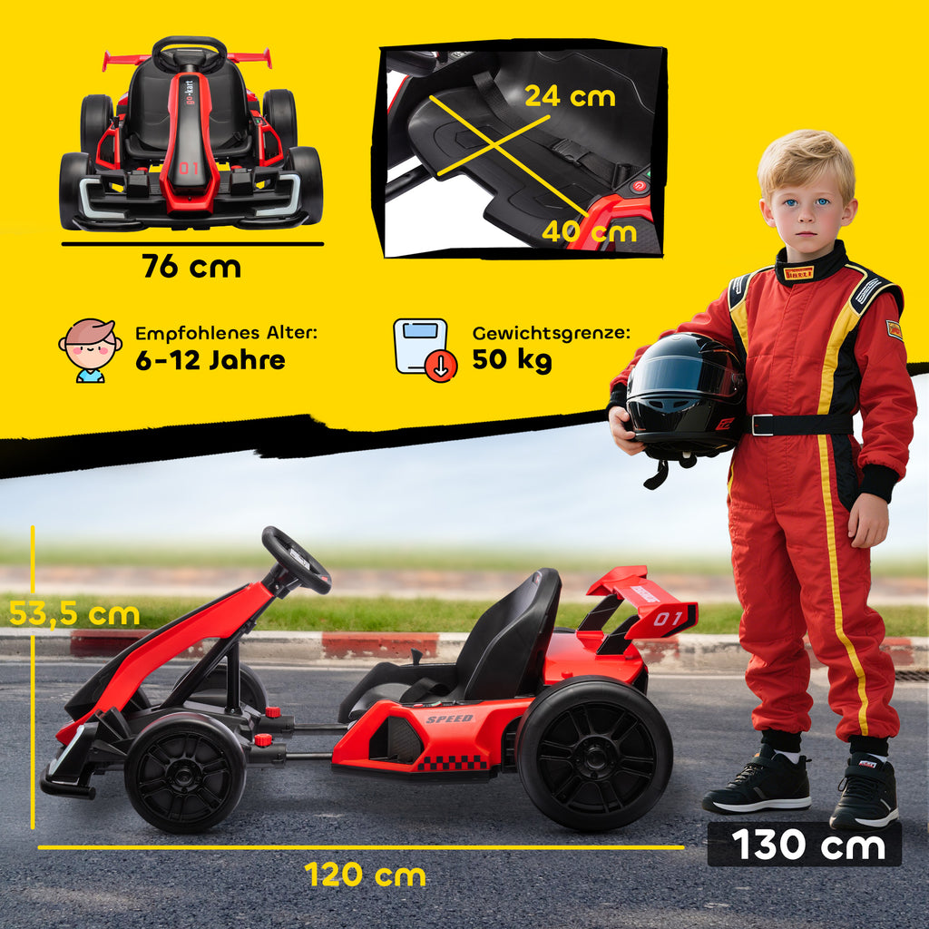 Go-Kart f¨¹r Kinder, Elektro-Kart mit Hupe und Musikfunktion, verstellbarer Sitz, bis 12 km/h, Kunststoff, Metall, Rot
