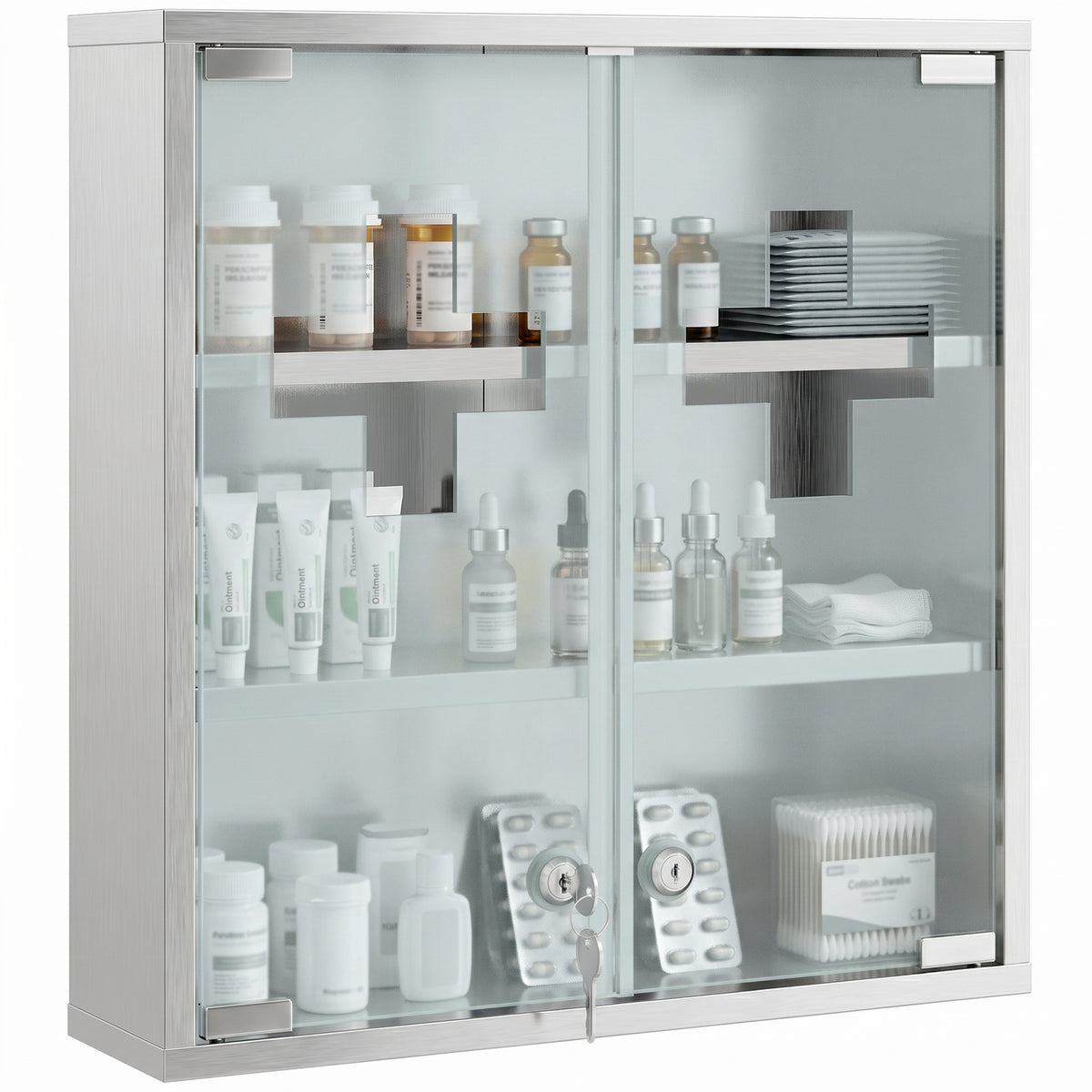Medizinschrank, Abschließbarer Medikamentenschrank mit 2 Schlüsseln, Glastür und 6 Regalen, 48 x 46 x 12 cm, Silber