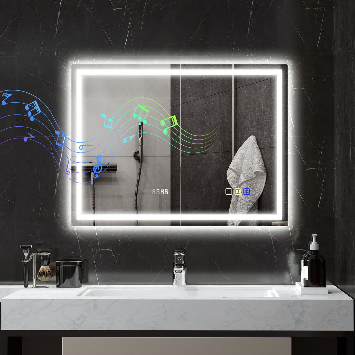 Badezimmerspiegel mit LED-Beleuchtung, Anti-Beschlags-Pad, 3 verstellbare Farben, Uhr, 600 x 800 mm, Silberfarben