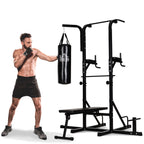 Kraftstation mit Klimmzugstange, Multifunktionale Dip-Station, Trainings-Gerät für Zuhause, mit Boxsack, Fitness, Stahl, Schwarz, 180 x 183 x 219 cm