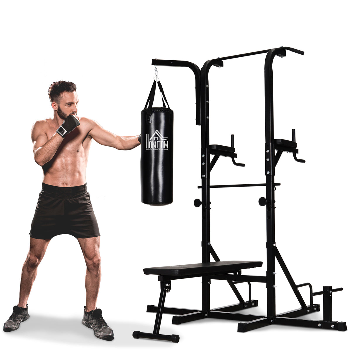 Kraftstation mit Klimmzugstange, Multifunktionale Dip-Station, Trainings-Gerät für Zuhause, mit Boxsack, Fitness, Stahl, Schwarz, 180 x 183 x 219 cm