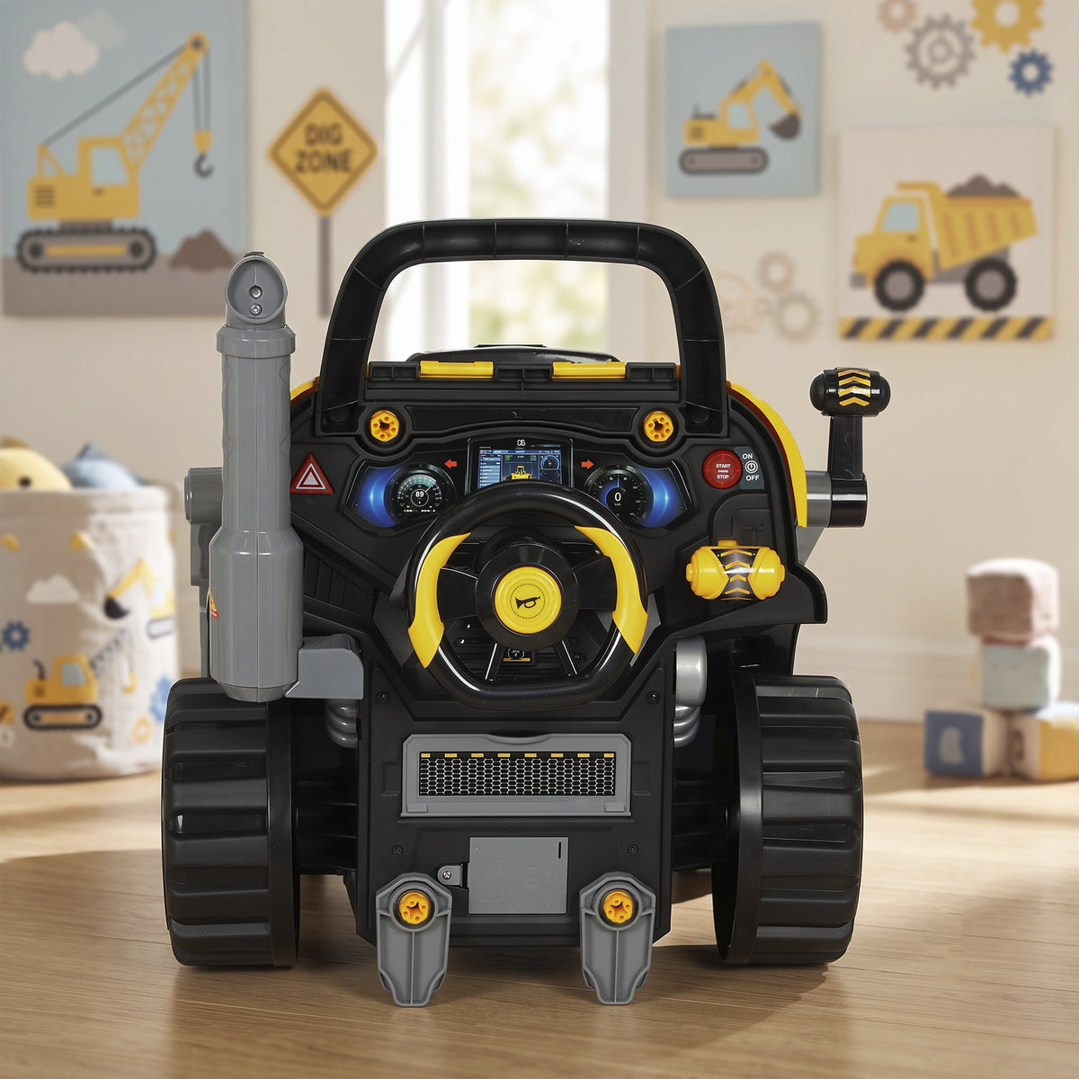 Kids Truck Engine Toy, Excavator Toy Steering Wheel with Spray, Lights and Sounds for 3-6 Years Boys Girls, Yellow