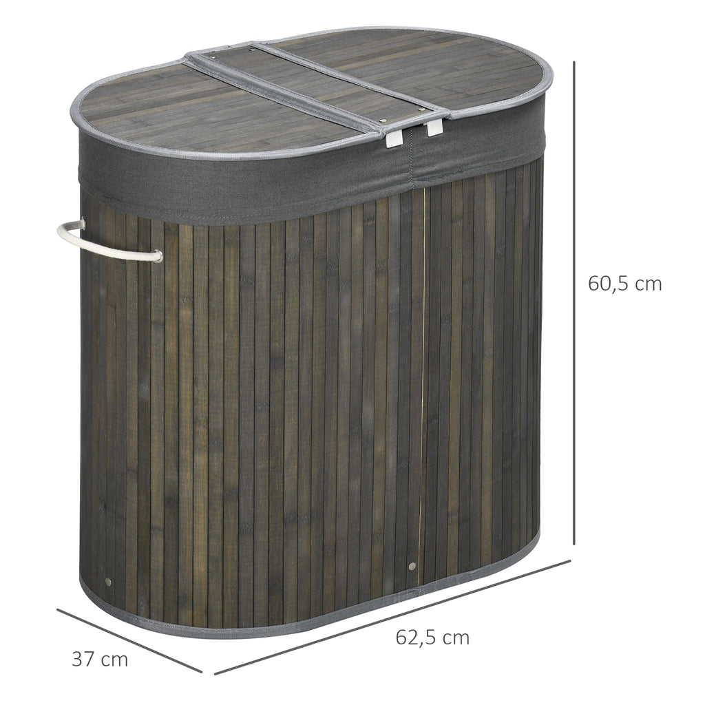 100 L Wäschekorb mit Deckel, Griff, 2 Abschnitte, herausnehmbarer Wäschesack, für Schlafzimmer, Badezimmer, Bambus, Grau