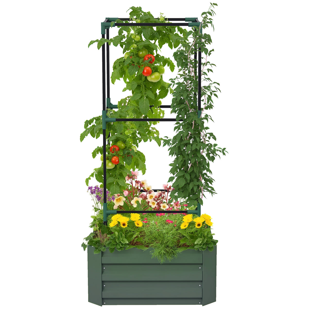 Hochbeet mit Rankgitter Pflankasten mit Rankhilfe, offener Boden, wetterbest?ndig, 61 cm x 61 cm x 140 cm, Gr¨¹n