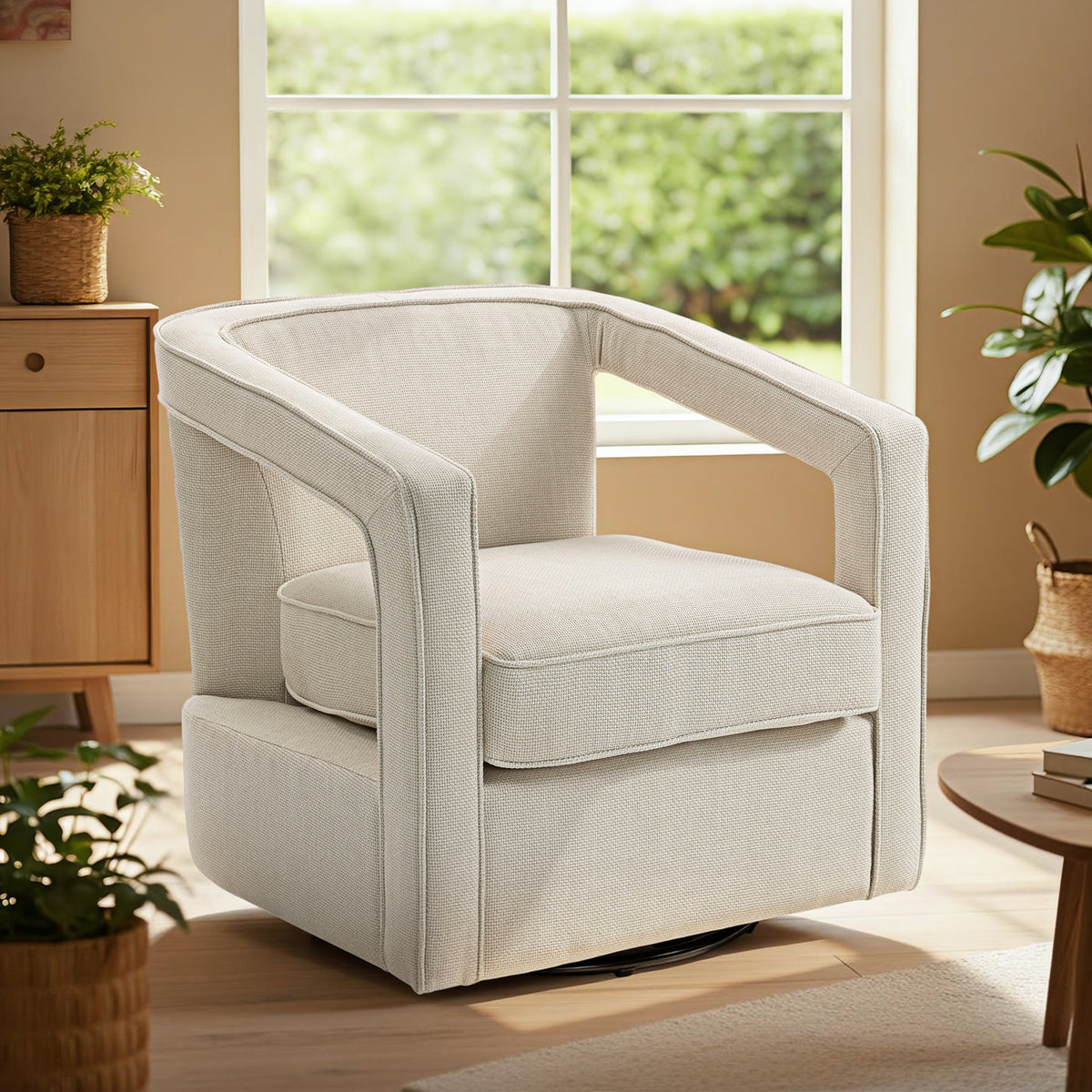 Sessel Wohnzimmer 360° drehbar Loungesessel Relaxsessel mit einteilig Rückenlehne und Armlehnen 77 x 75 x 72 cm Beige