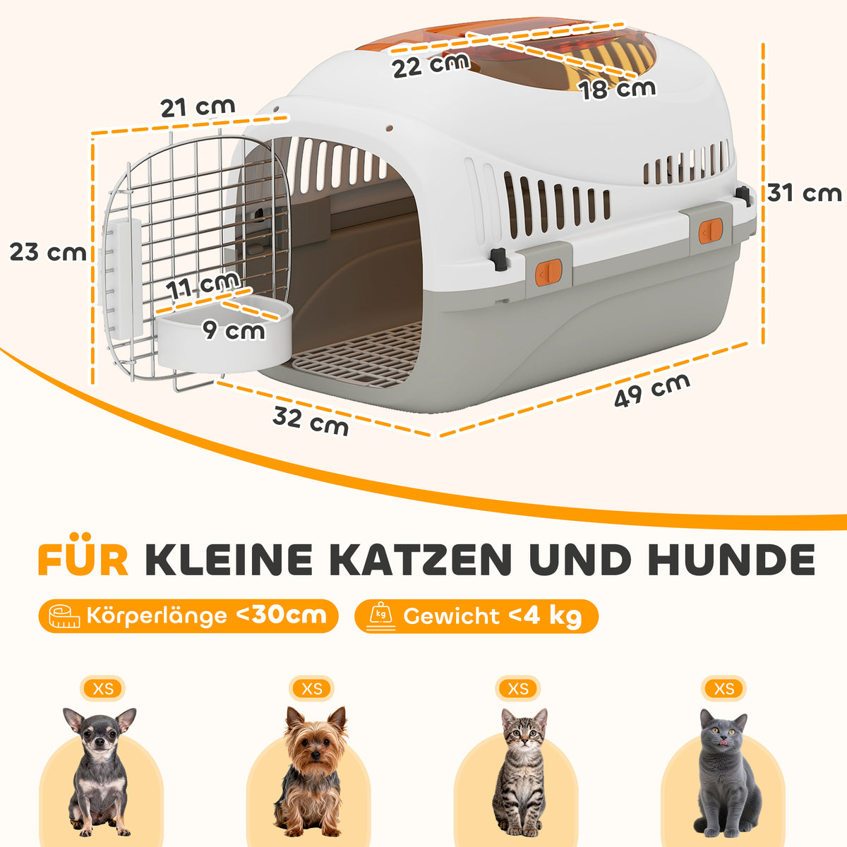 Plastic Pet Carrier Hard Shell Dog Cat Carrier Max 4 KG Steel Door Feed Bowl Secure Lock 49 x 32 x 31 cm