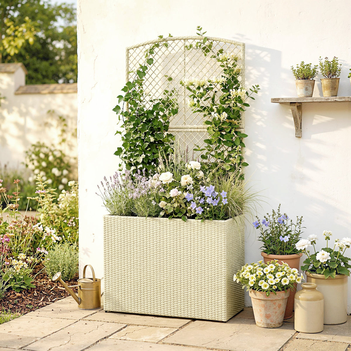 Hochbeet mit Rankgitter in Rattan-Optik Pflanzkasten für Kletterpflanzen für Garten, Balkon, 80 x 30 x 163 cm, Beige