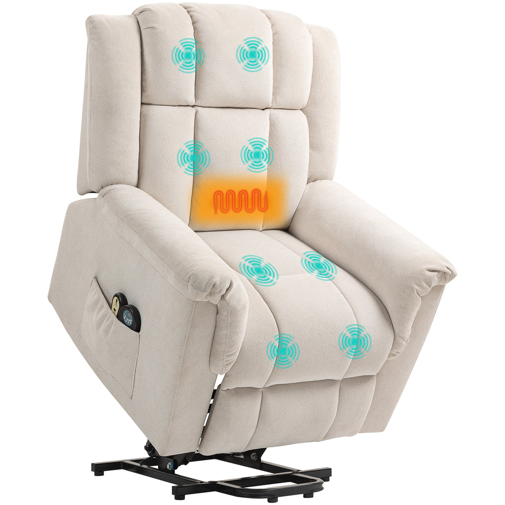 Powerlift-Sessel, Massagesessel mit Wärmefunktion, Polstersessel mit Fußstütze, Seitentasche, Stoffbezug, Beige