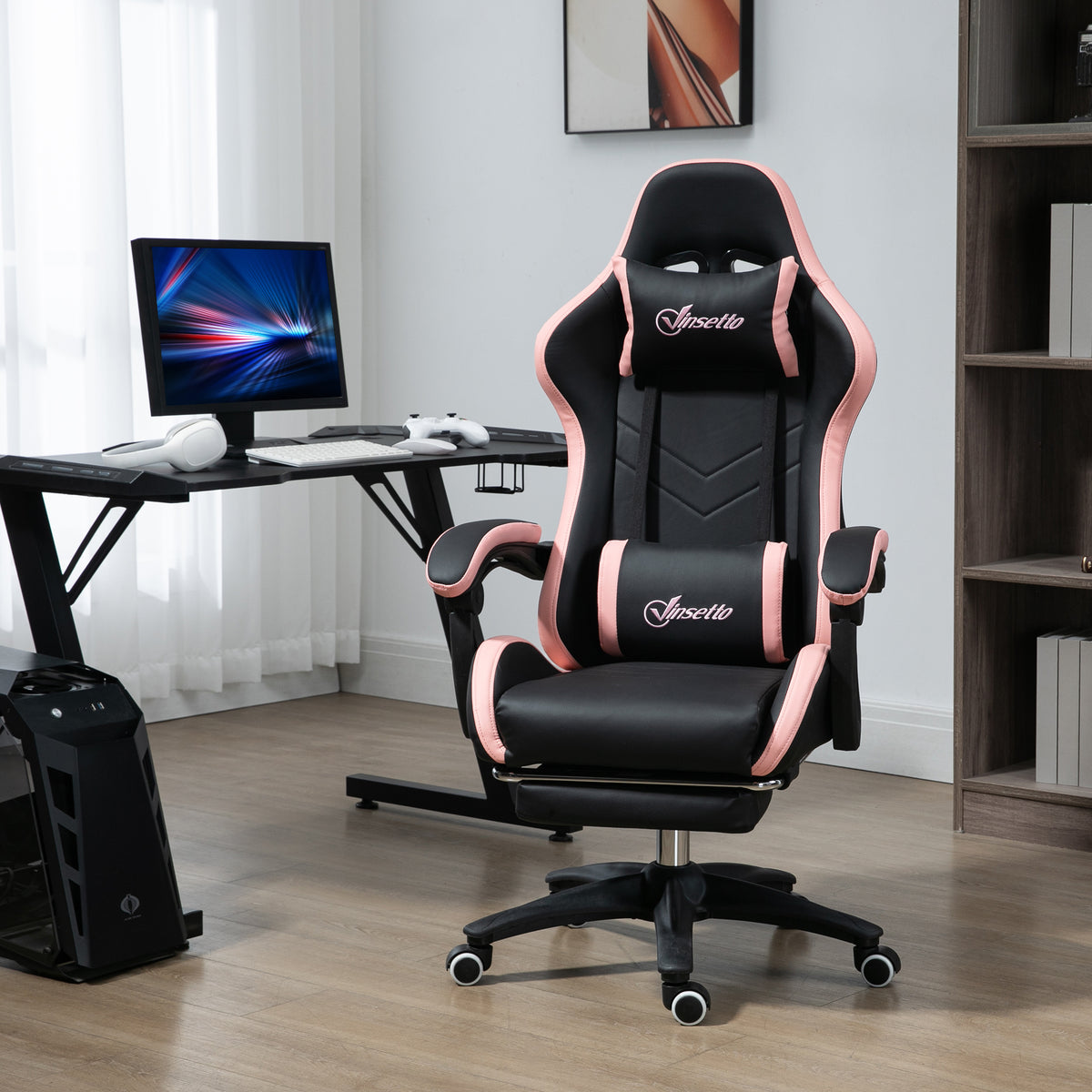 Bürostuhl, Gamingstuhl, 1 Kopfstütze, 1 Lendenstütze, Rosa + Schwarz