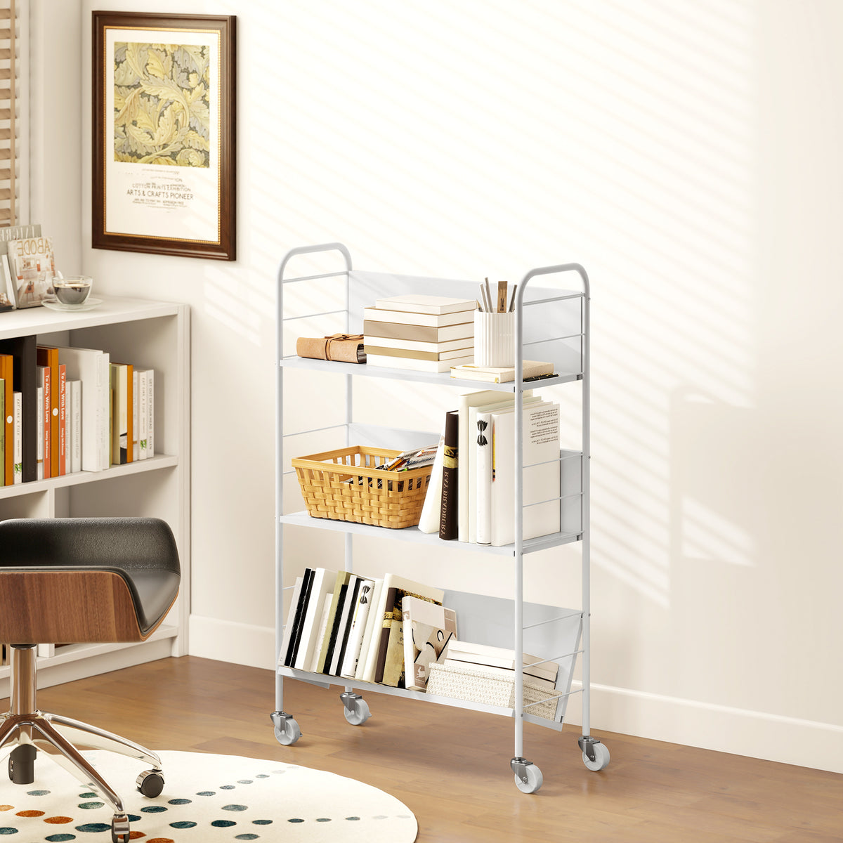 Bücherregal Aufbewahrungsregal mit 3 Ebenen, Rädern, Spielzeugregal für Schlafzimmer, 69 x 26 x 108 cm, Weiß