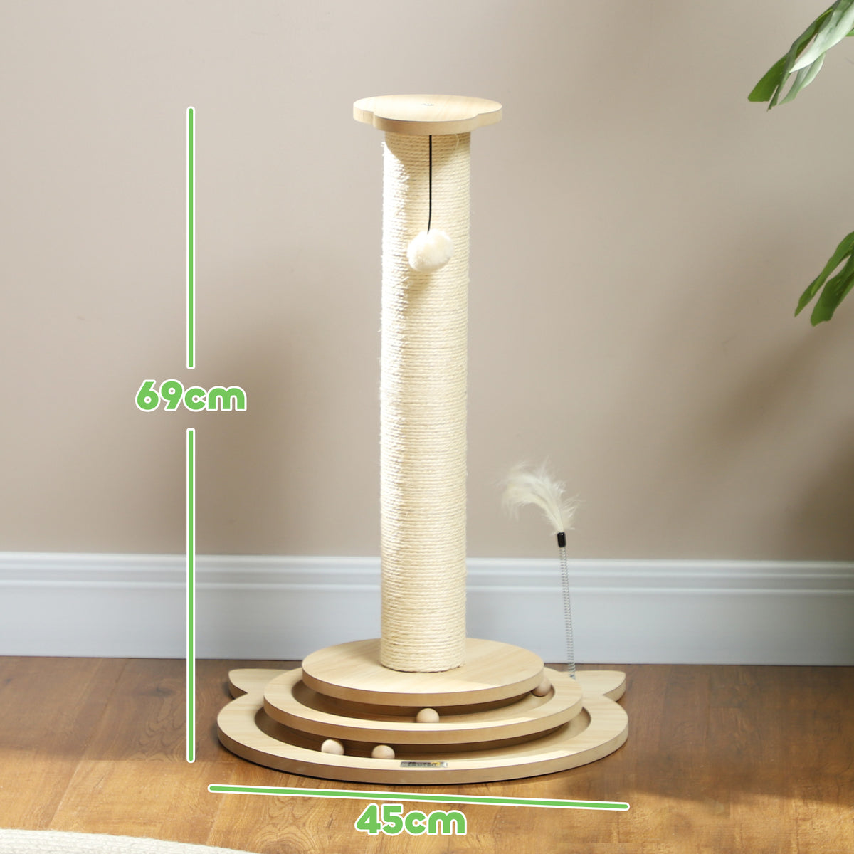 Katzenkratzbaum, 69 cm, Sisal-Kratzpfosten, Kugelbahn, Spielball, Spielfeder, 4-in-1-Design, Cremeweiß