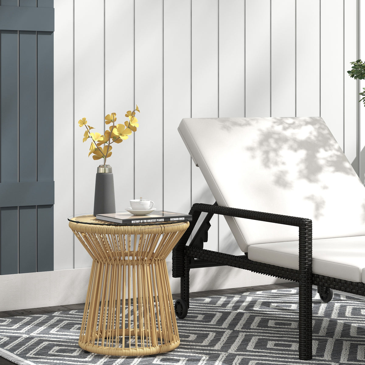 Outdoor-Beistelltisch Gartentisch Rattan-Beistelltisch, Glasplatte, PE-Rattan, 40 cm x 40 cm x 42 cm Beige